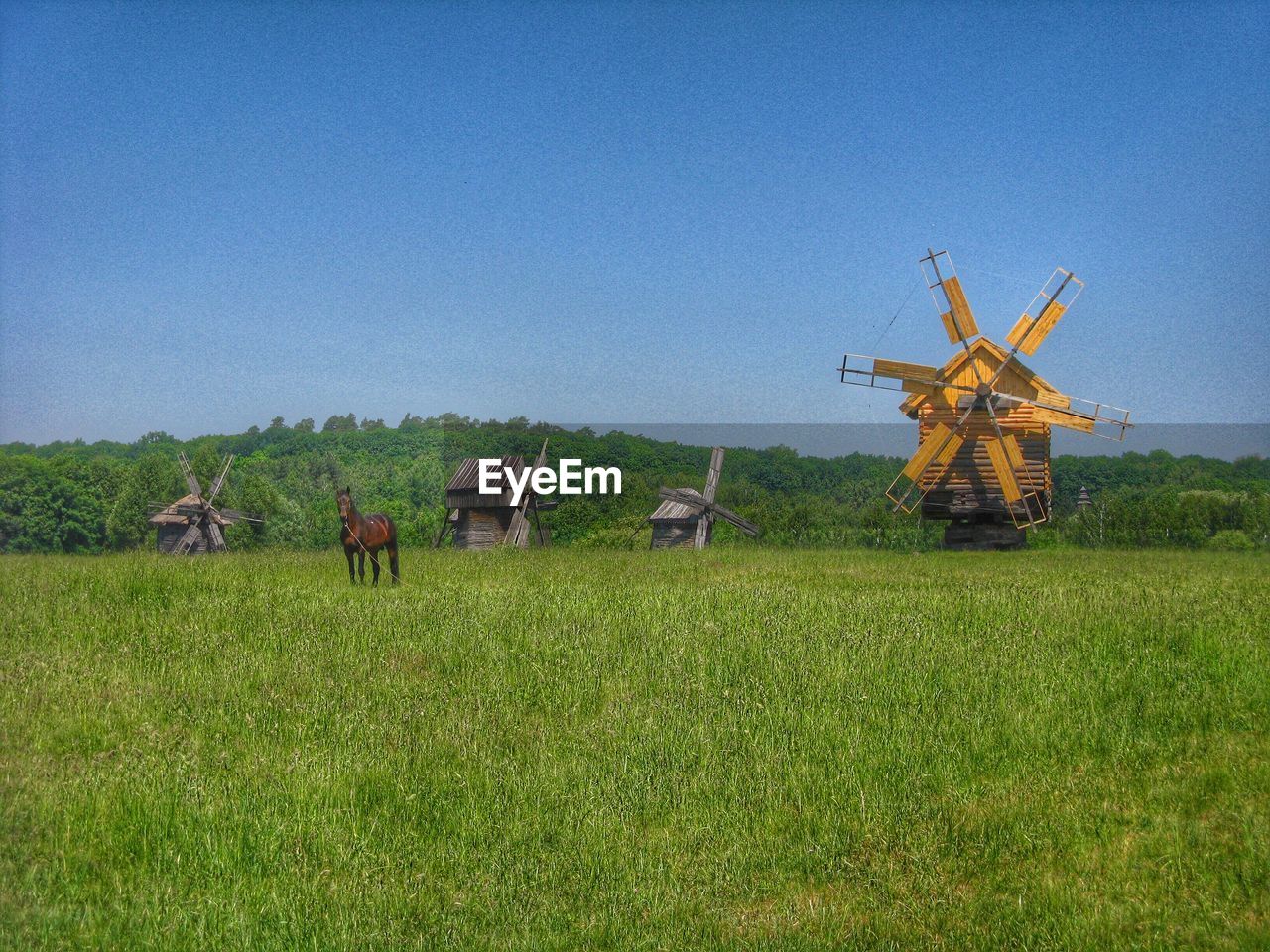 Horses by traditional windmills on grassy field against sky