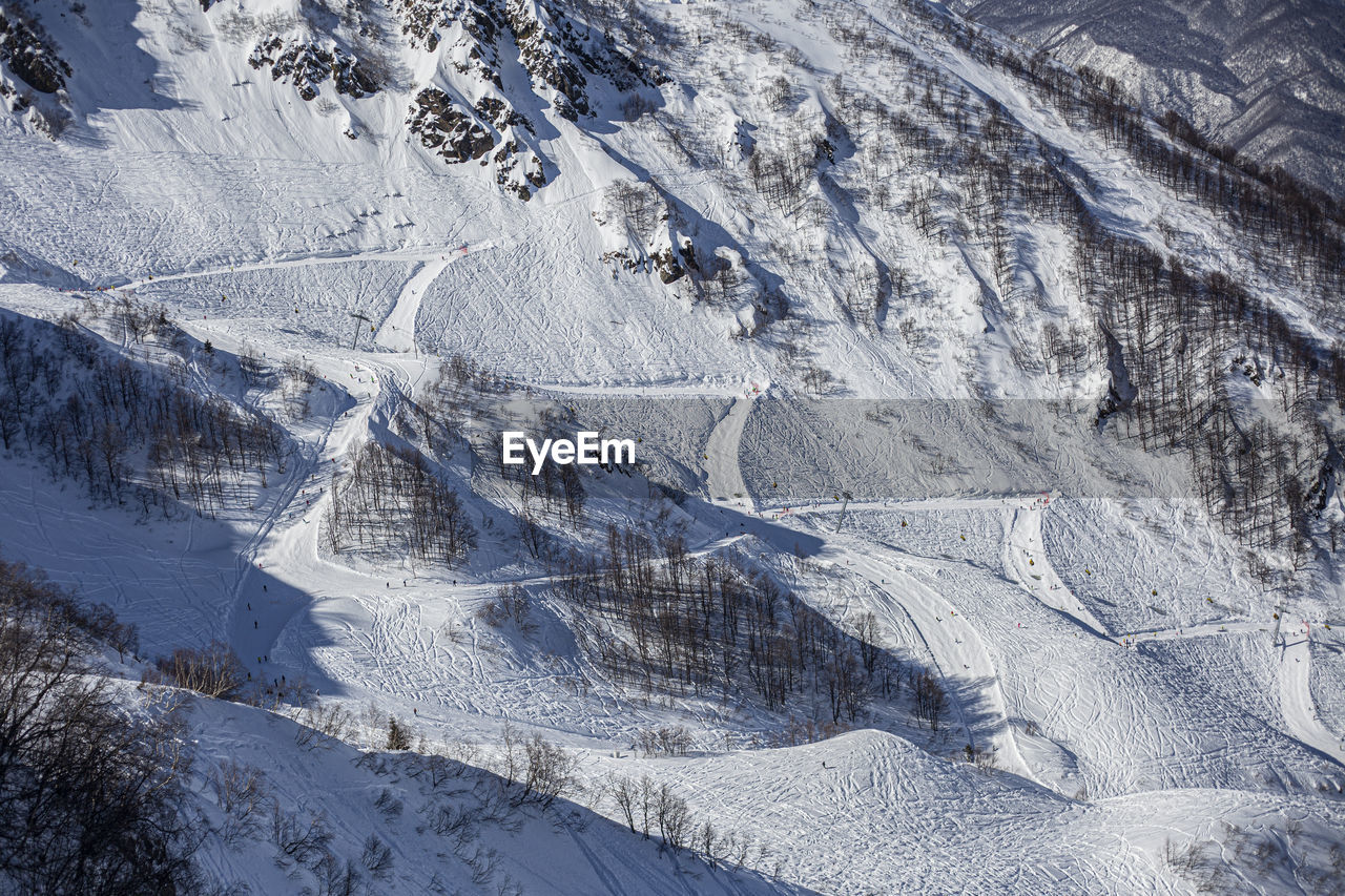 HIGH ANGLE VIEW OF SNOW COVERED MOUNTAIN