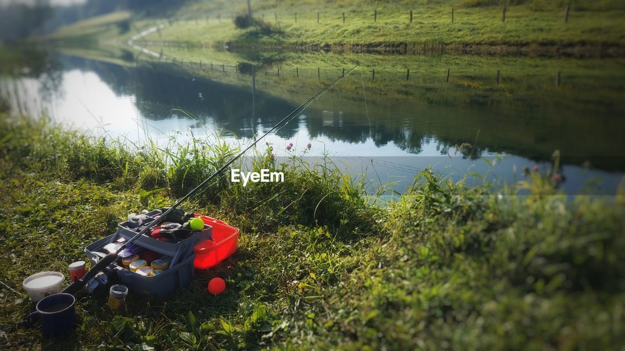 High angle view of grass by lake