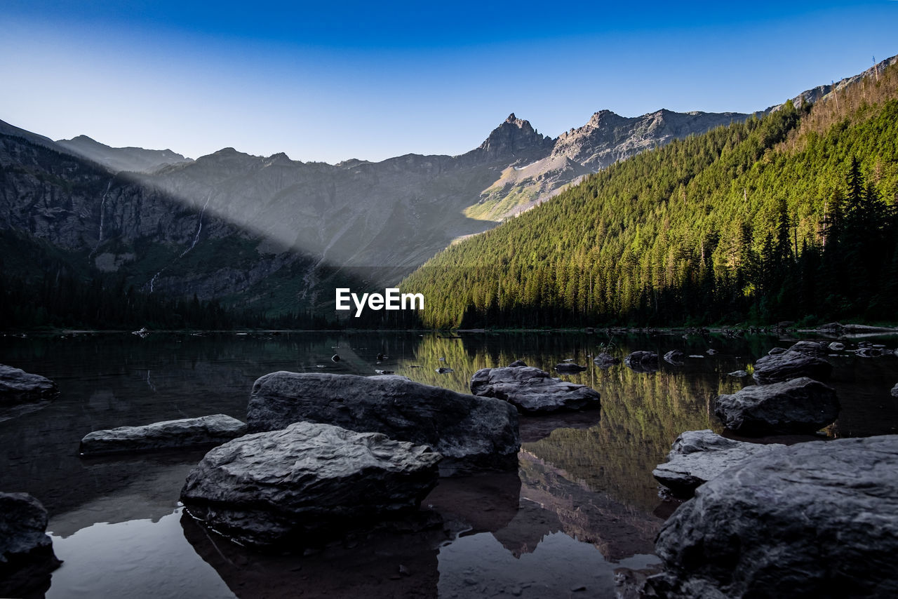 Scenic view of lake by mountains against sky