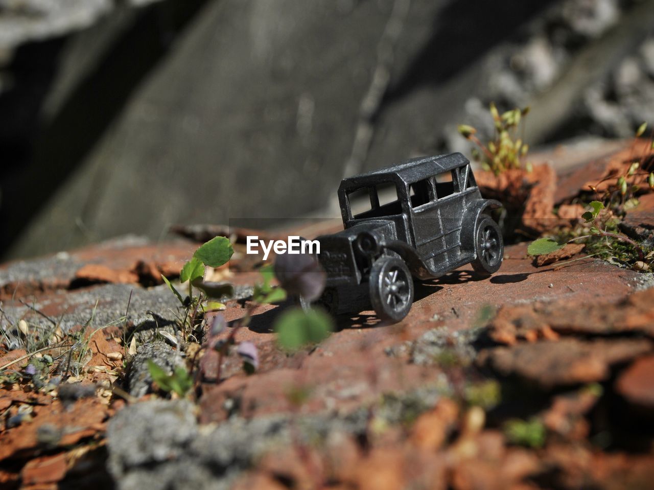 CLOSE-UP OF SMALL TOY CAR ON ROCK