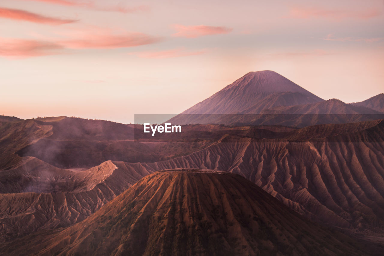 Scenic view of mount bromo range at sunrise with high angle shot