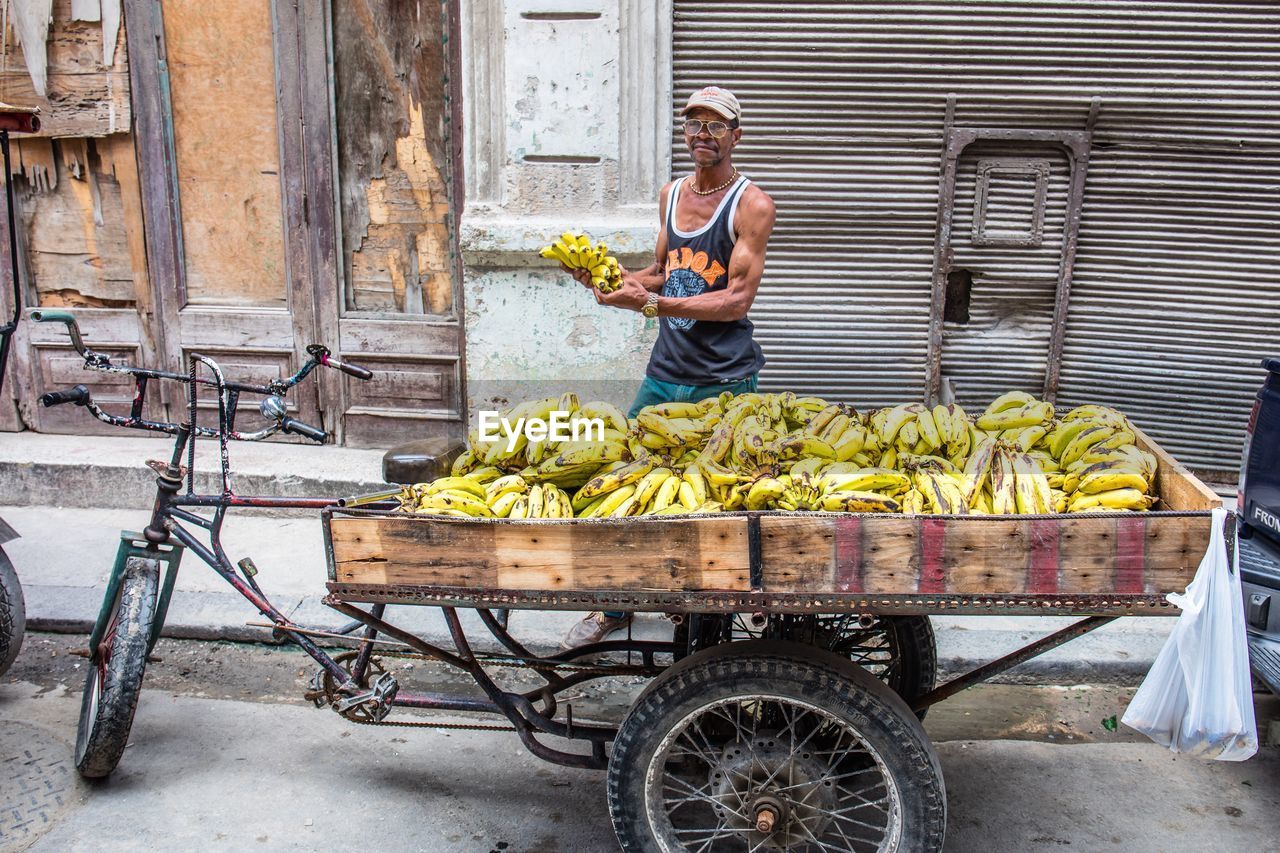 Portrait of man standing by bananas for sale