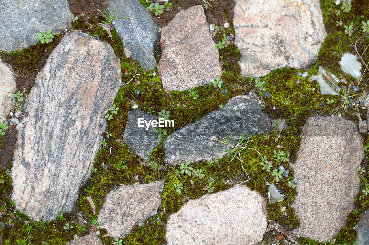 HIGH ANGLE VIEW OF STONES ON ROCK IN WATER