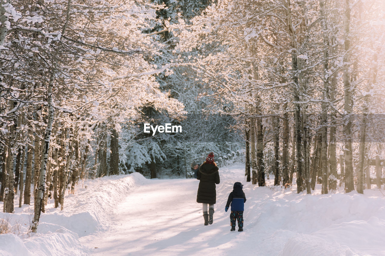 Rear view of mother and son walking in forest during winter