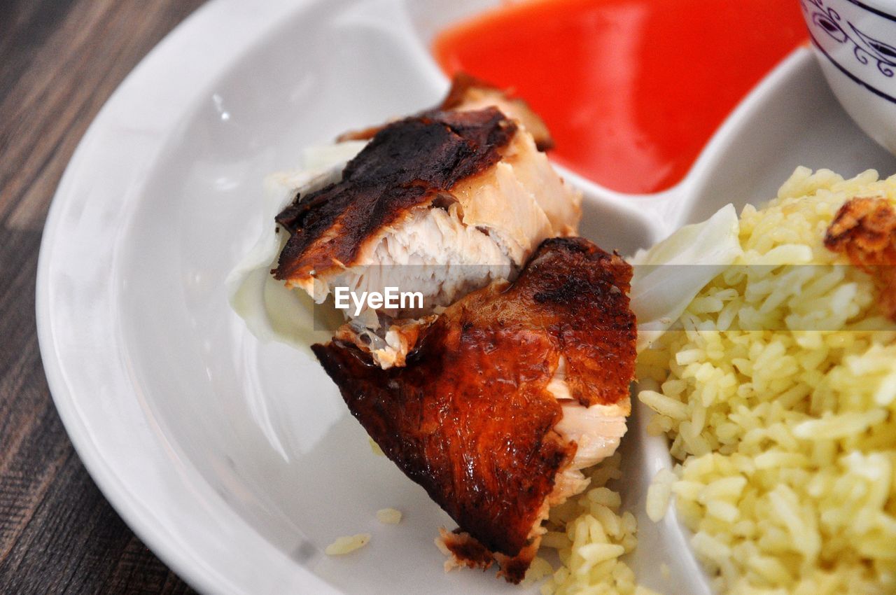 High angle view of meal served in plate on table 