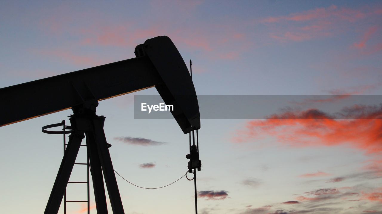 sky, sunset, petroleum, nature, silhouette, oil pump, power generation, tripod, cloud, no people, industry, wind, technology, equipment, outdoors