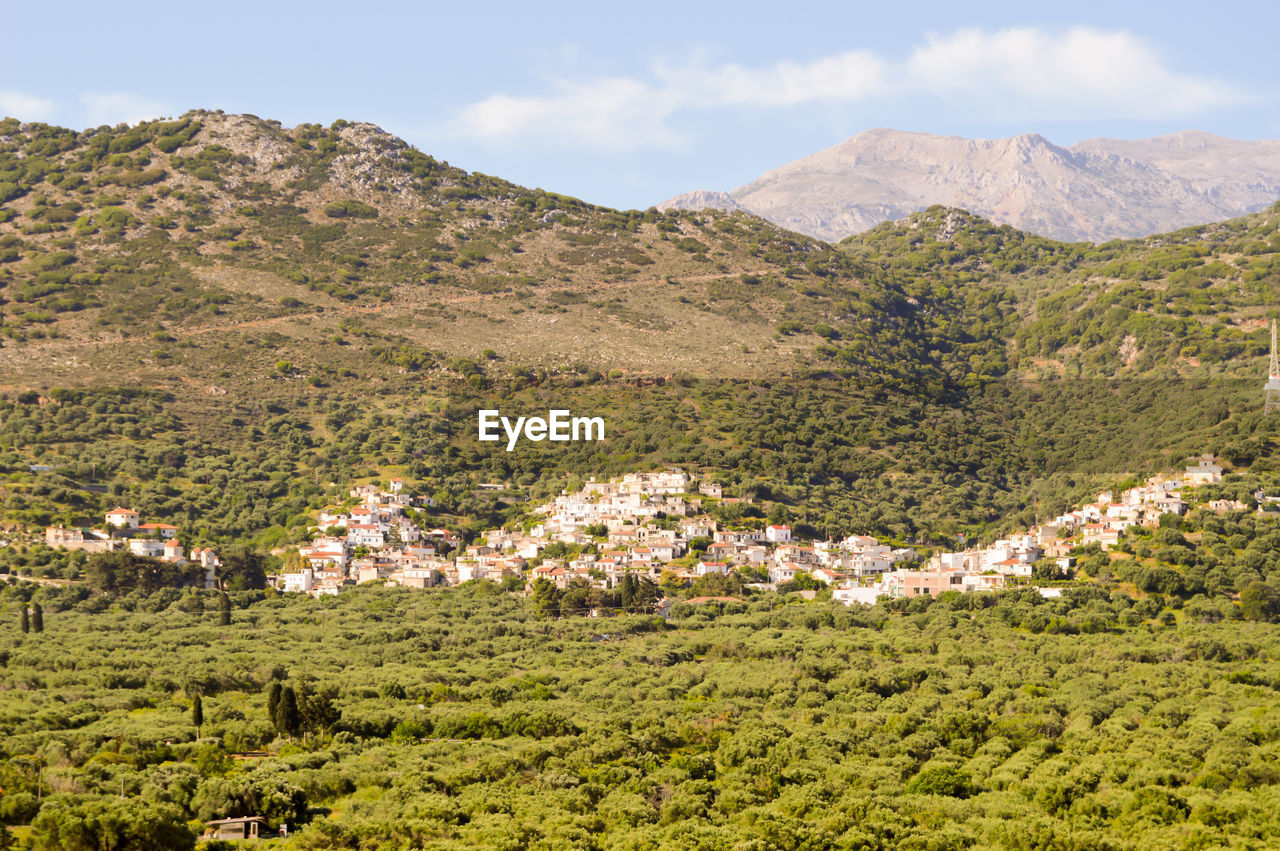 Panoramic view of agricultural landscape against sky