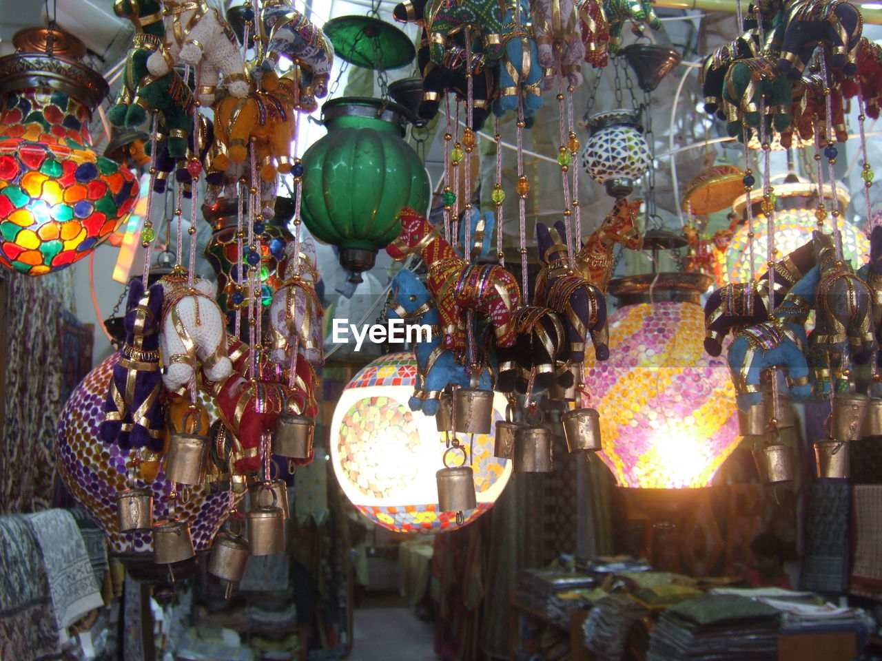 View of market stall with lanterns