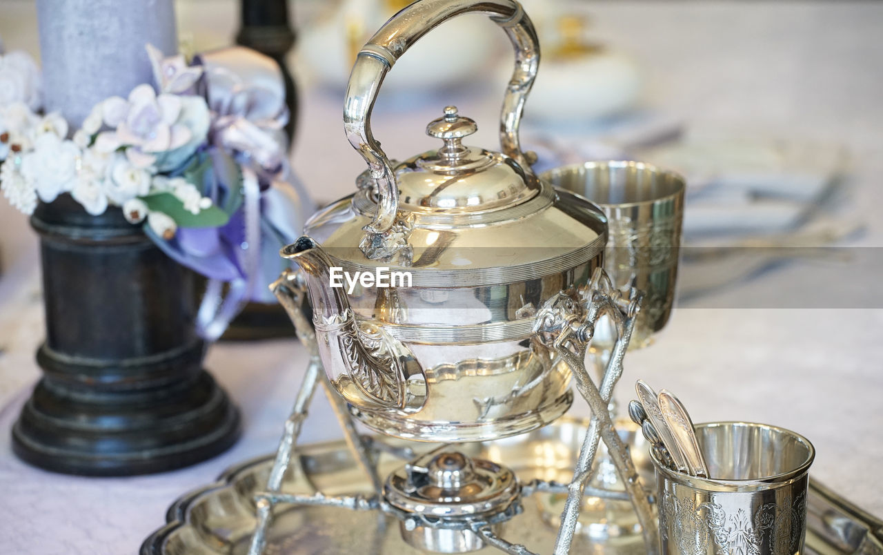 Close-up of teapot on table