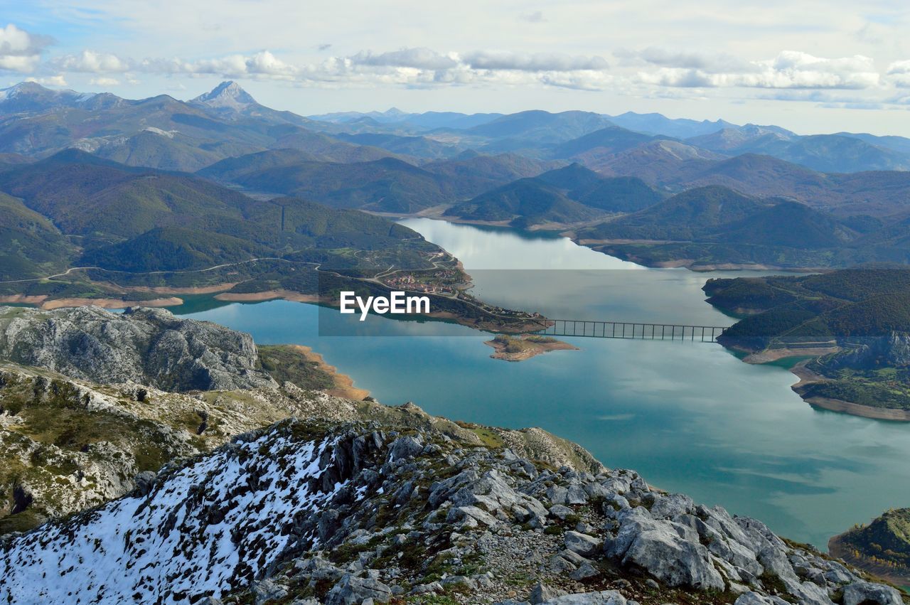 Riaño reservoir view from the summit of yordas peak. leon, northern spain.