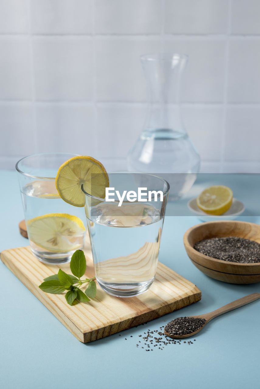 high angle view of glass on table