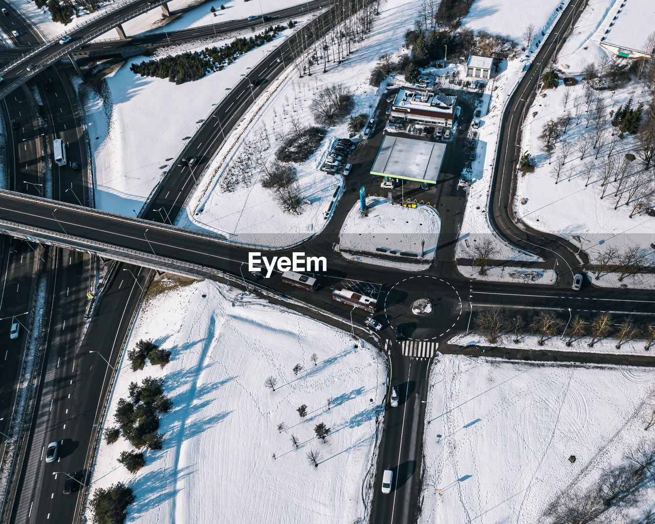 Gas station and intersection from aerial perspective in vilnius, lithuania