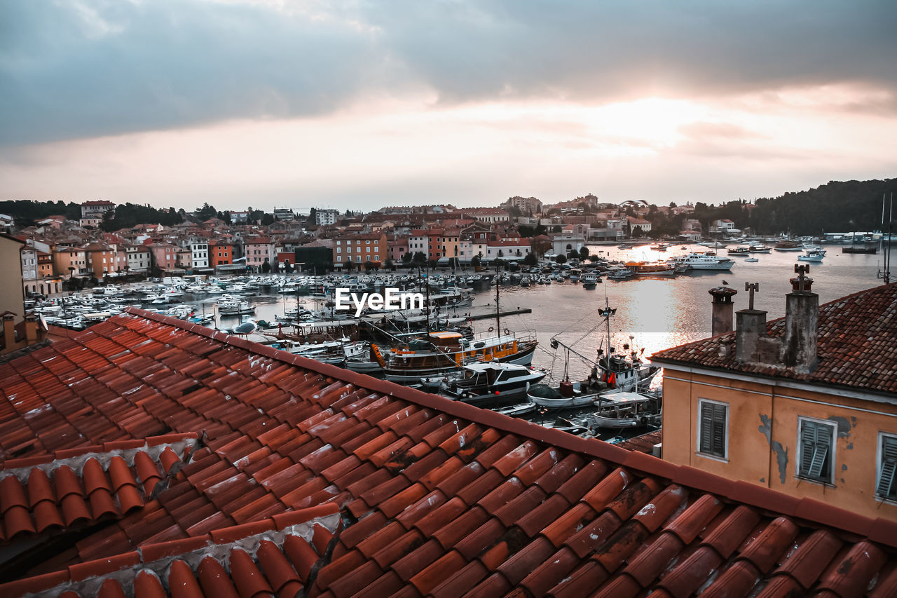 High angle view of townscape against sky during sunset