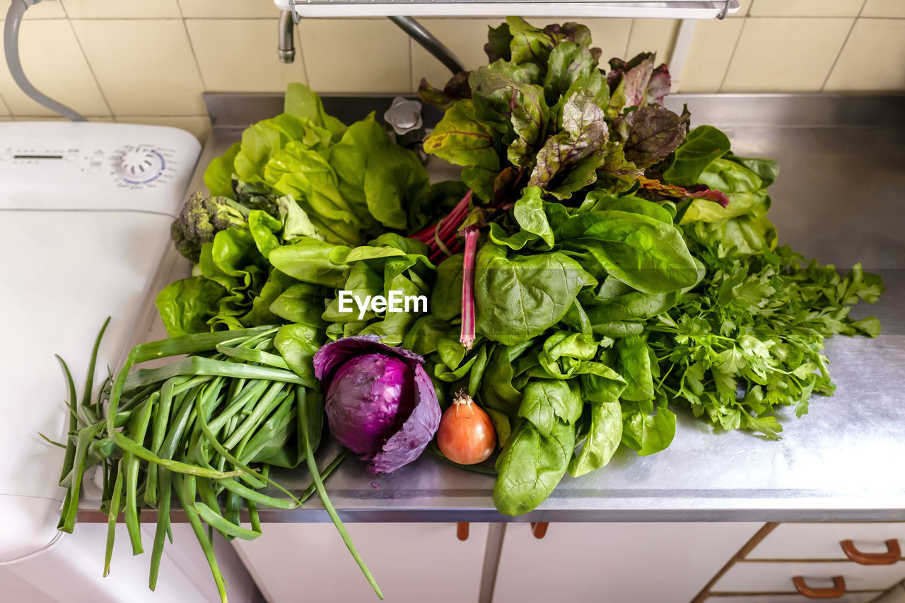 High angle view of vegetables on table at home
