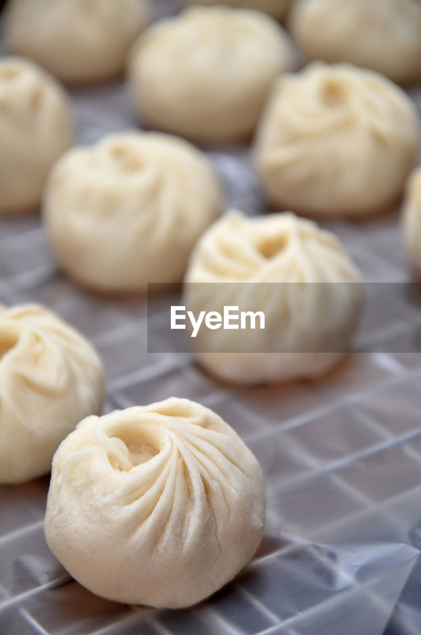 Close-up of fresh homemade chinese dumplings on wax paper