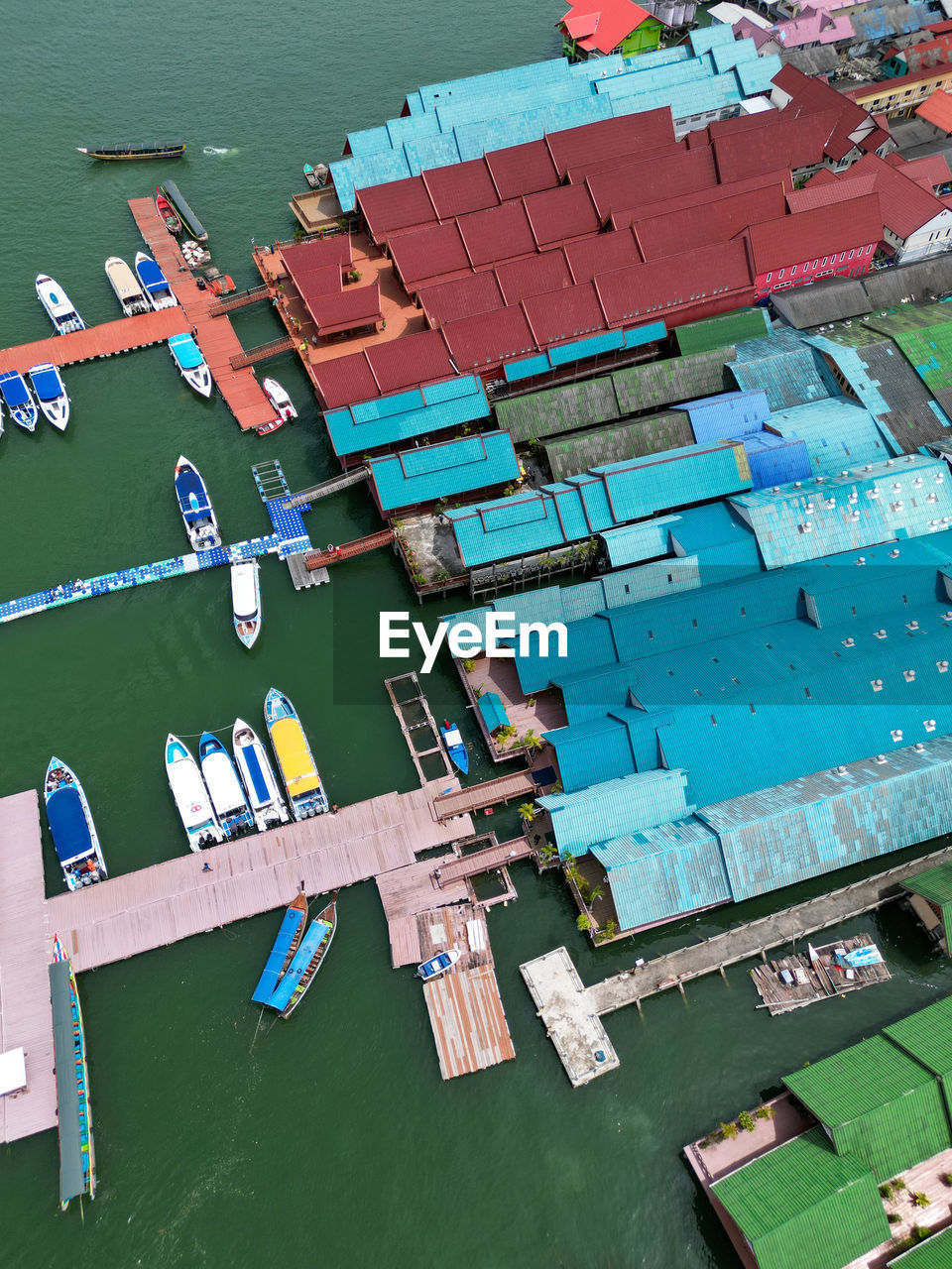 high angle view of boats moored at harbor