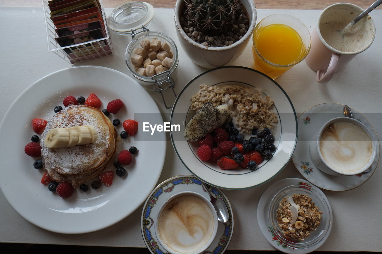 High angle view of food served on table