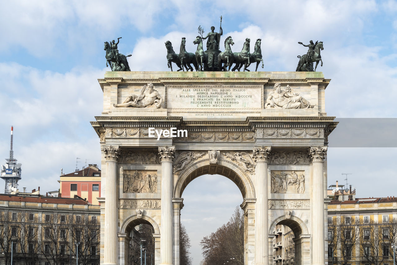 Triumphal arch with bas-reliefs & statues, built by luigi cagnola on the request of napoleon in milan