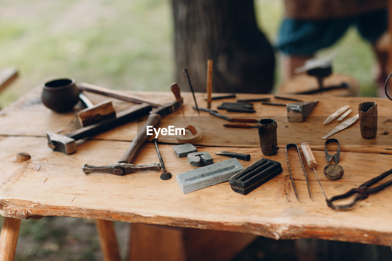 High angle view of tools on table