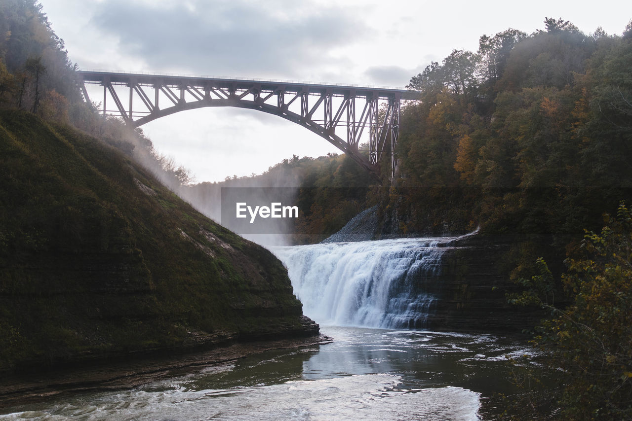 SCENIC VIEW OF WATERFALL BY BRIDGE