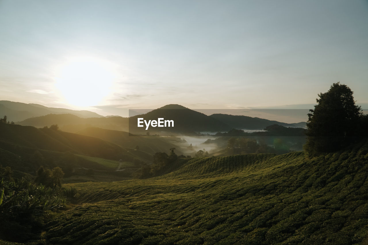 Scenic view of mountains against sky during sunset