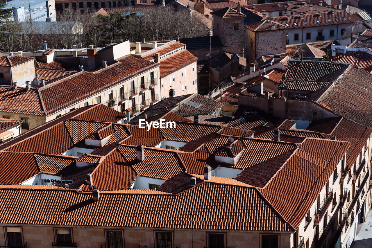 Aerial top panoramic view of historic centre of the medieval town of salamanca with old buildings 