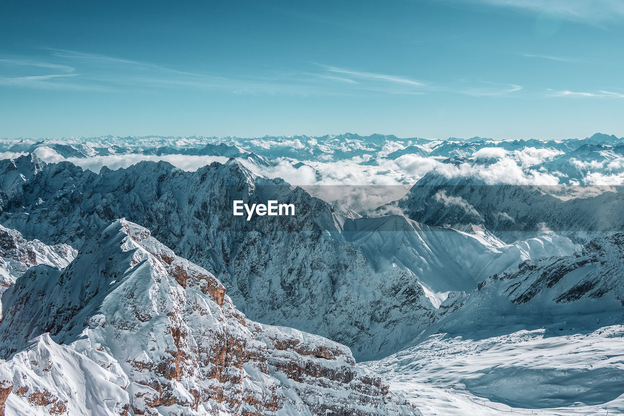 Mountain panorama from the viewing platform on the zugspitze. german and austrian ski areas.