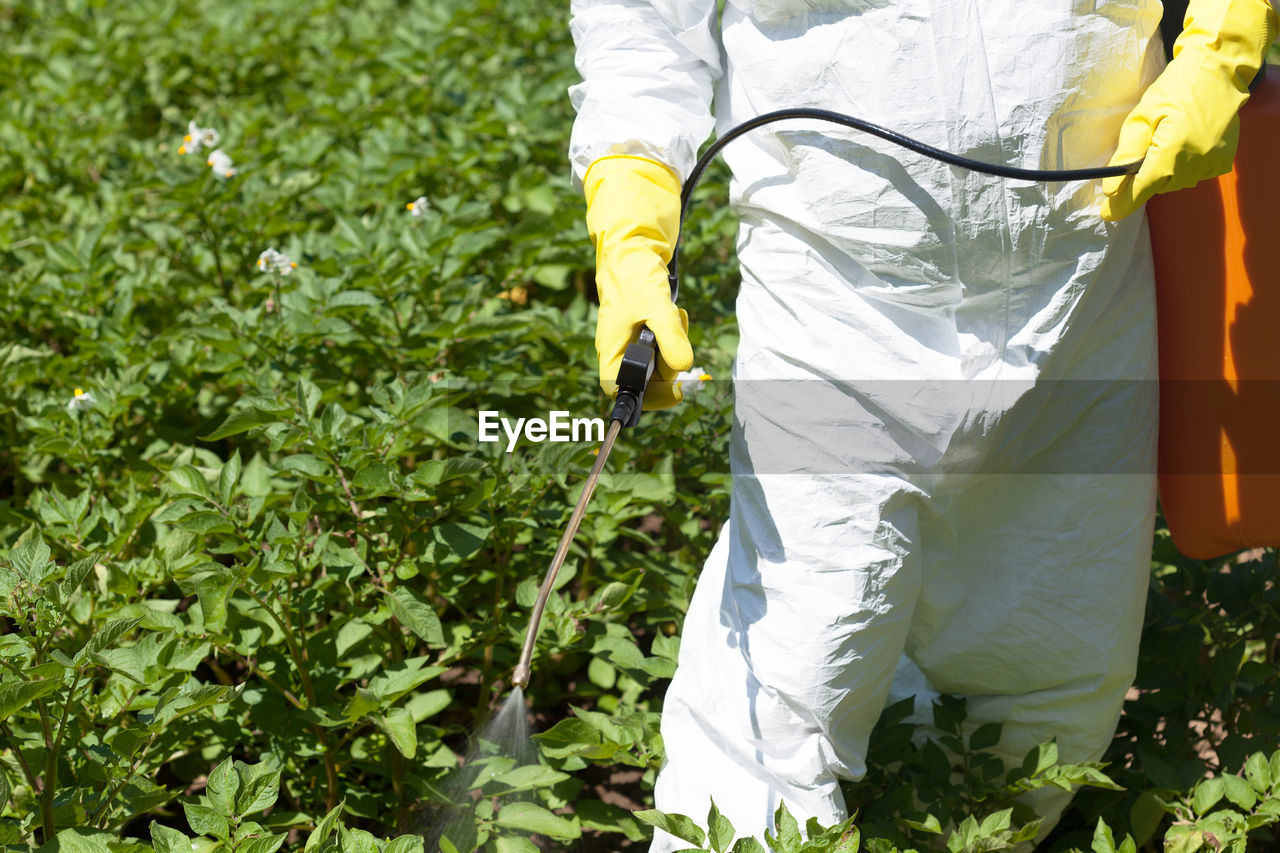 Midsection of man watering crops at farm