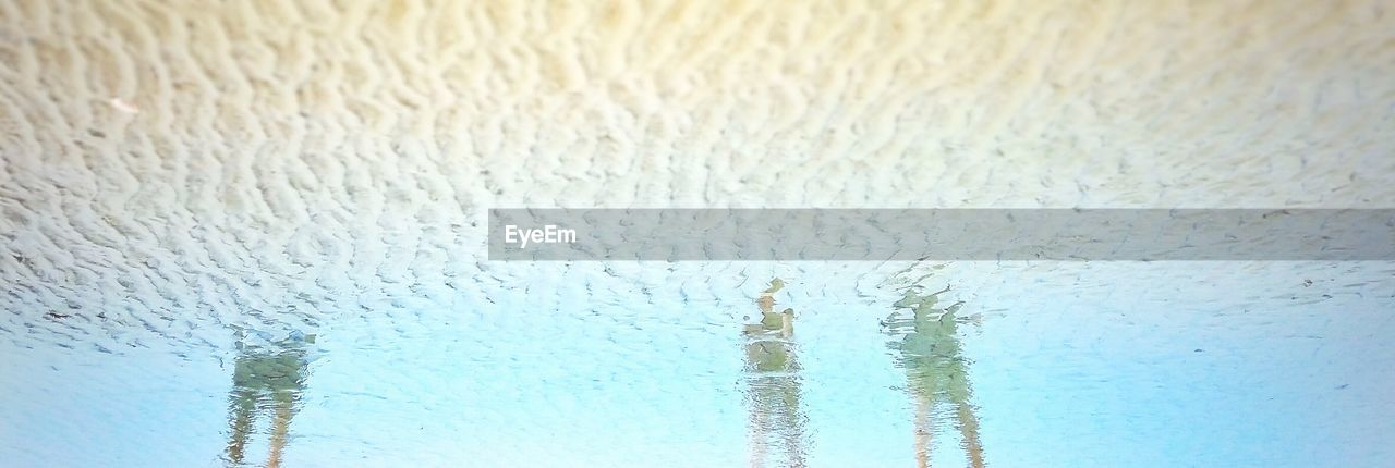 Panoramic view of people reflection on wet shore at beach