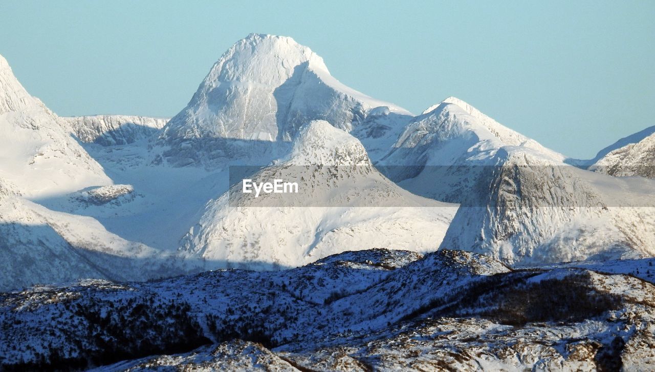 Scenic view of snowcapped mountains against clear sky