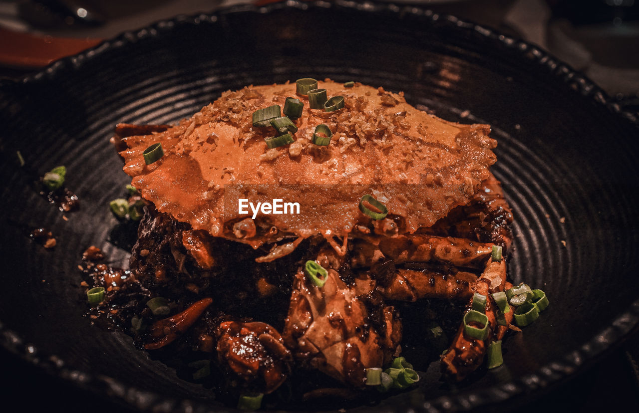 High angle view of crab served on table