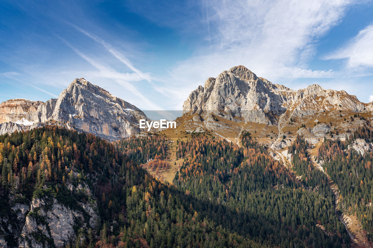 Brenta dolomites seen from the lake tovel in winter, trentino-alto adige, italy, europe.