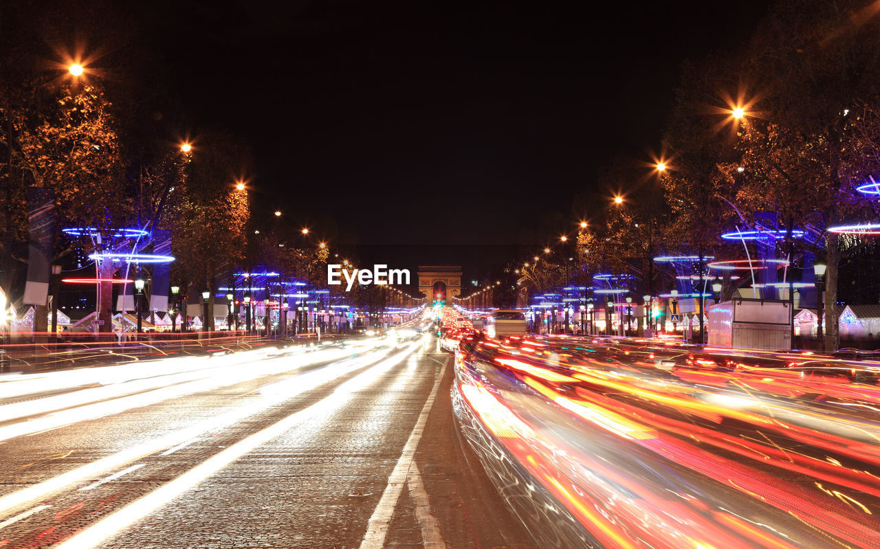 Light trails on road at night