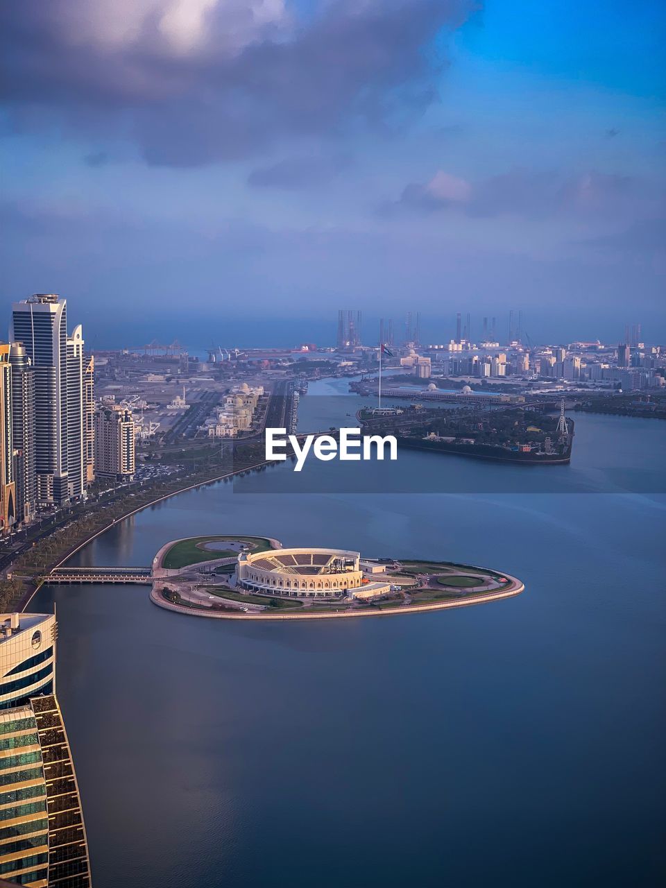 AERIAL VIEW OF ILLUMINATED CITY BUILDINGS