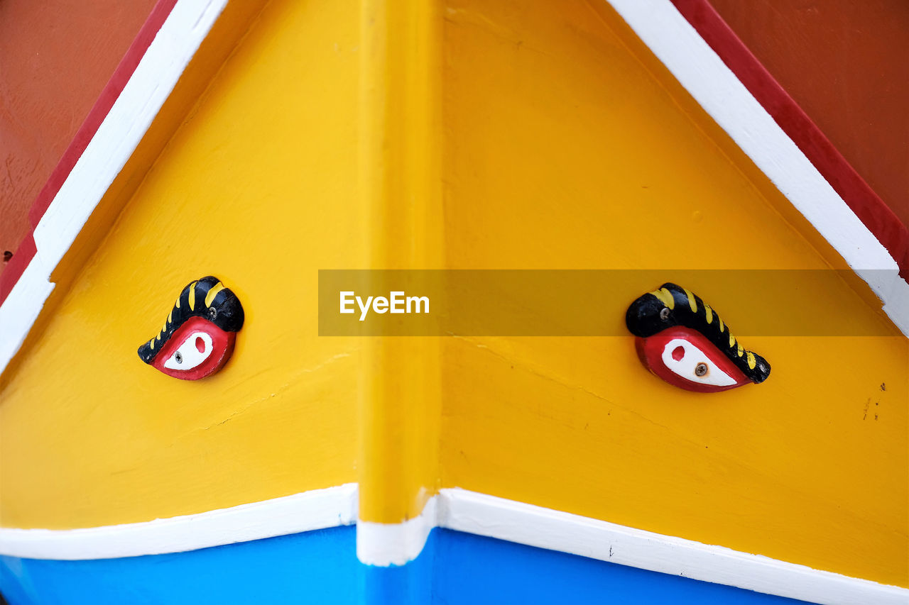 Close-up of multi colored traditional maltese boat from marsaxlokk