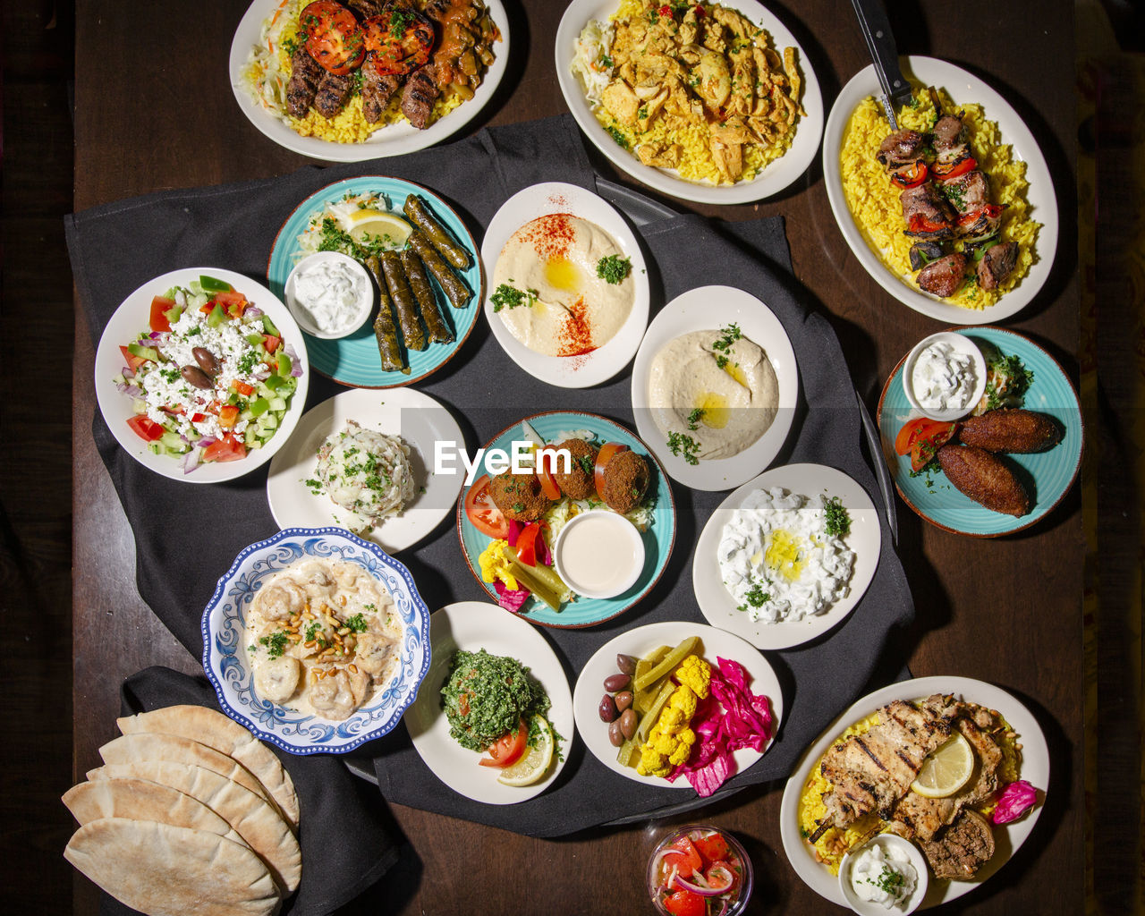 Above-view of a meditterranean feast spread out on a table