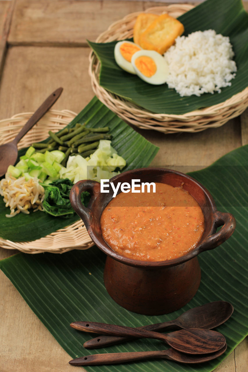 high angle view of food in bowl on table