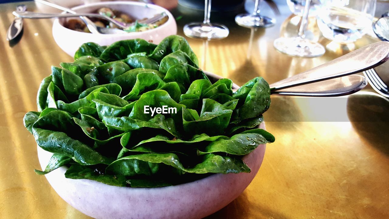 Close-up of leaf vegetable in container on table