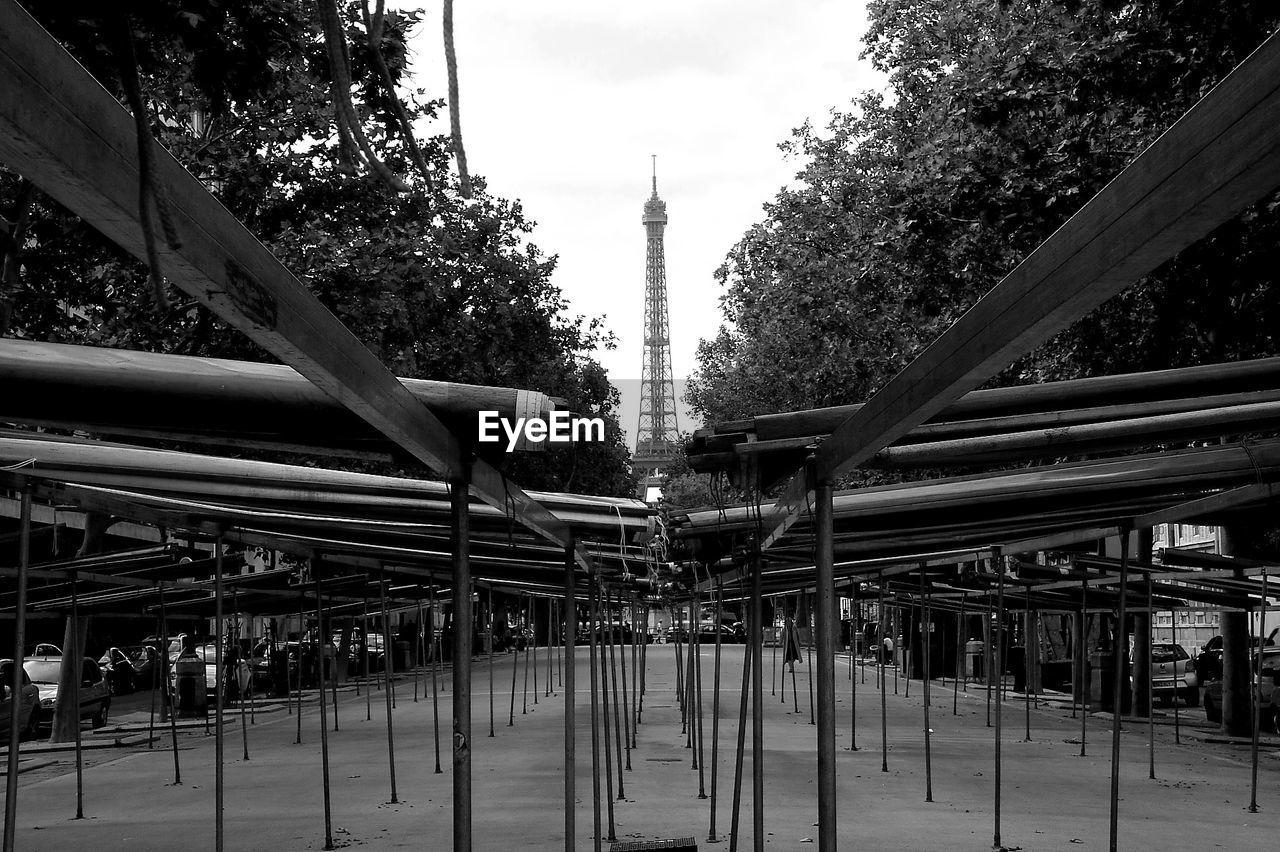 Empty market stalls with eiffel tower on background