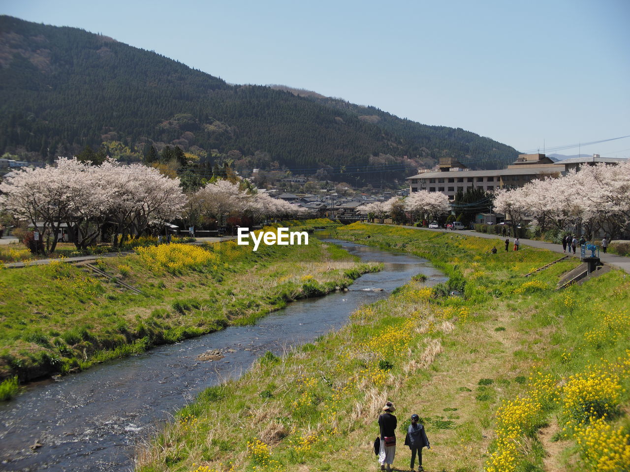 High angle view of people walking on field by mountain against sky