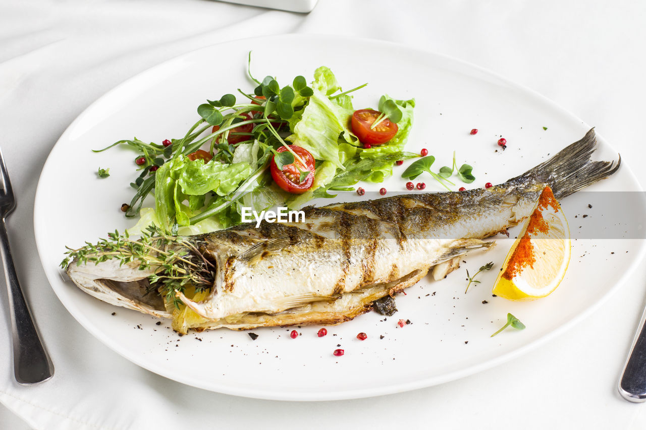 HIGH ANGLE VIEW OF FISH SERVED ON PLATE