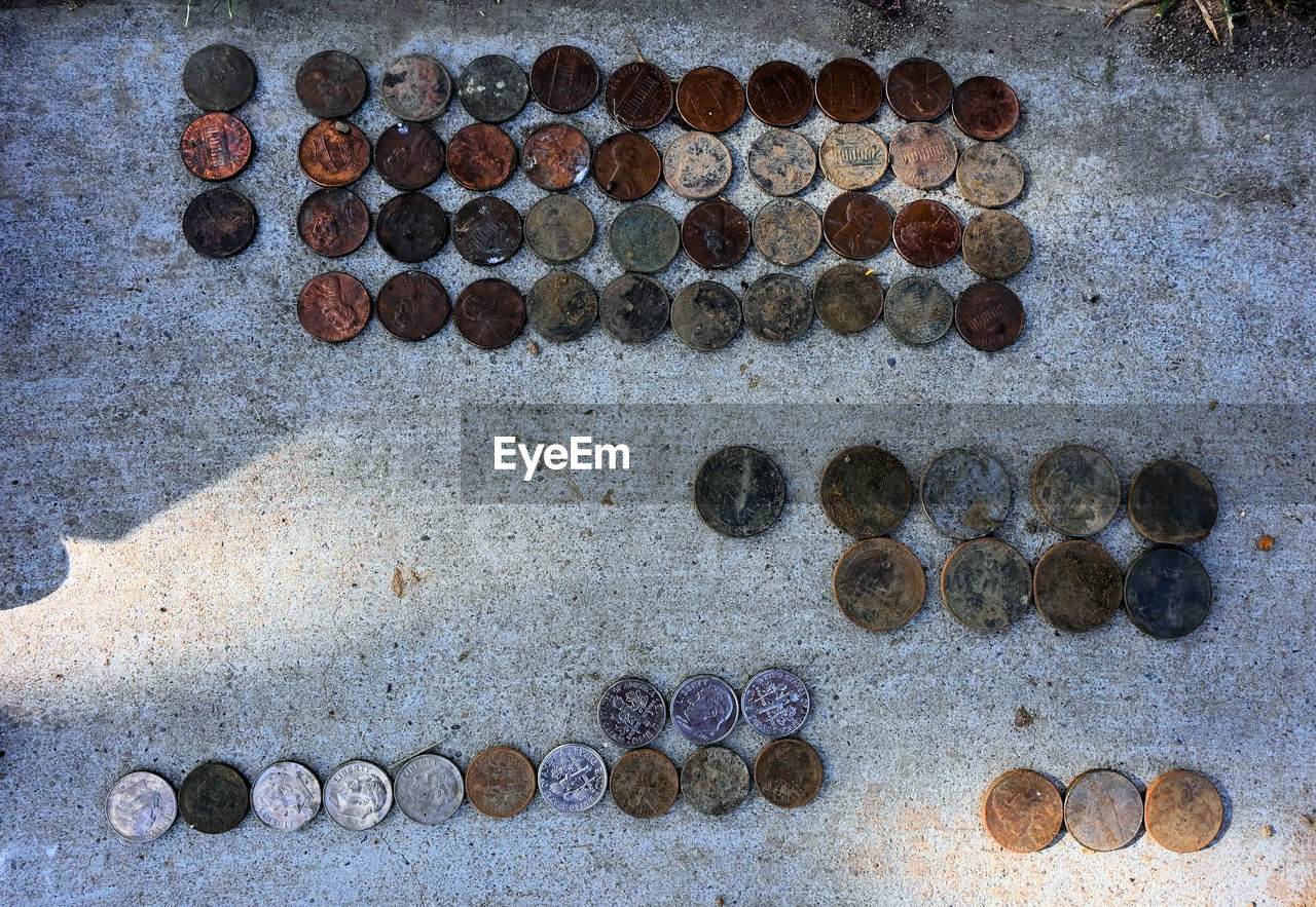 HIGH ANGLE VIEW OF COINS ON FLOOR