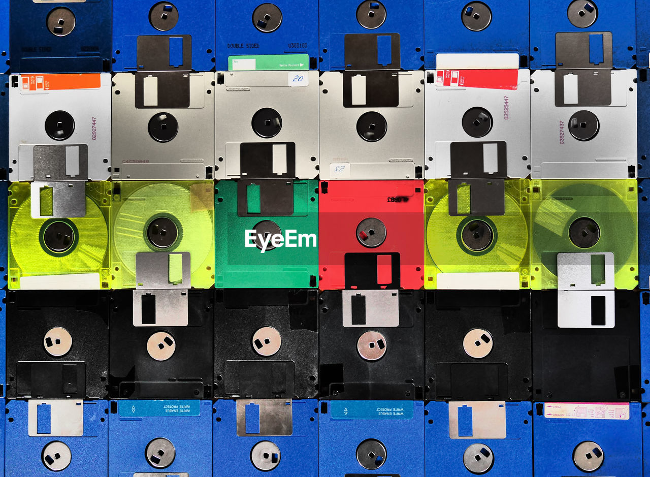 Full frame shot of multi colored floppy discs