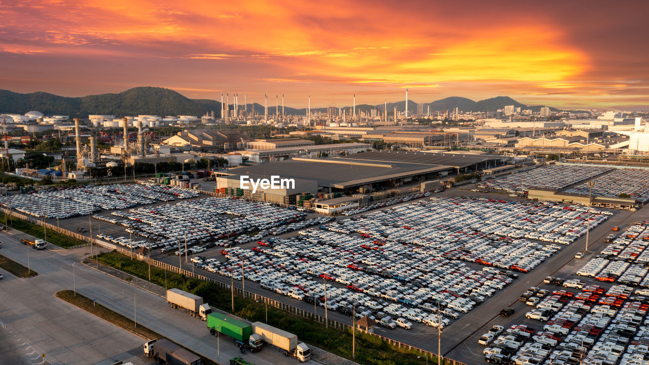 High angle view of townscape against sky during sunset