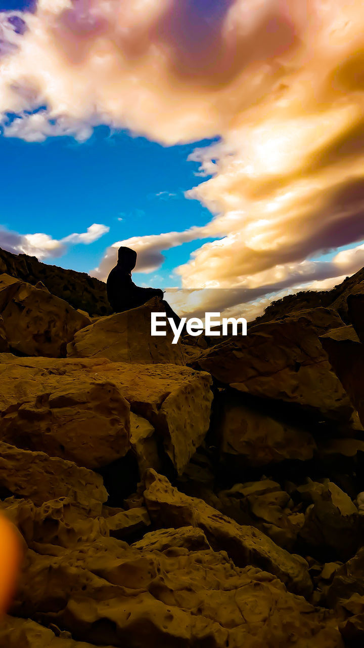 BIRDS ON ROCKS AGAINST SKY