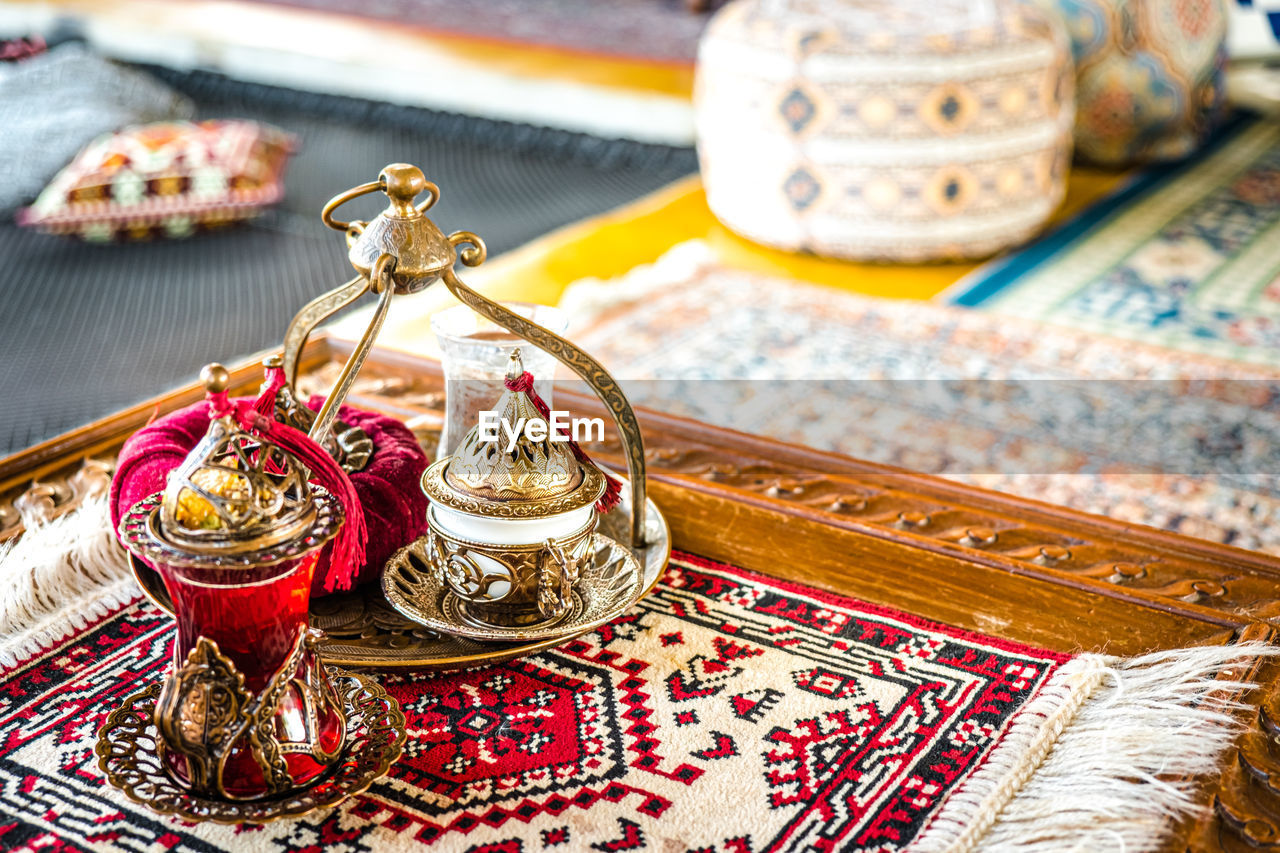 Turkish coffee and tea set in colorful traditional housewares in turkish theme coffee cafe