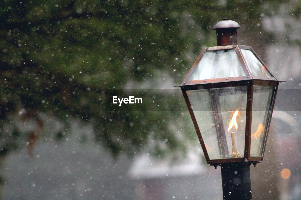 lighting equipment, light, street light, snow, snowing, nature, no people, illuminated, street, winter, cold temperature, electric lamp, lighting, night, outdoors, focus on foreground, glass, lantern, tree