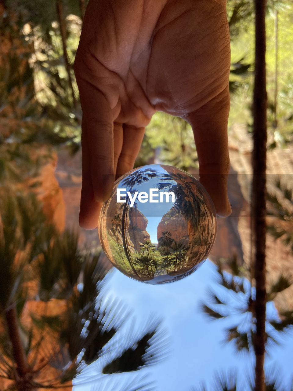 REFLECTION OF PERSON HAND HOLDING CRYSTAL BALL ON GLASS