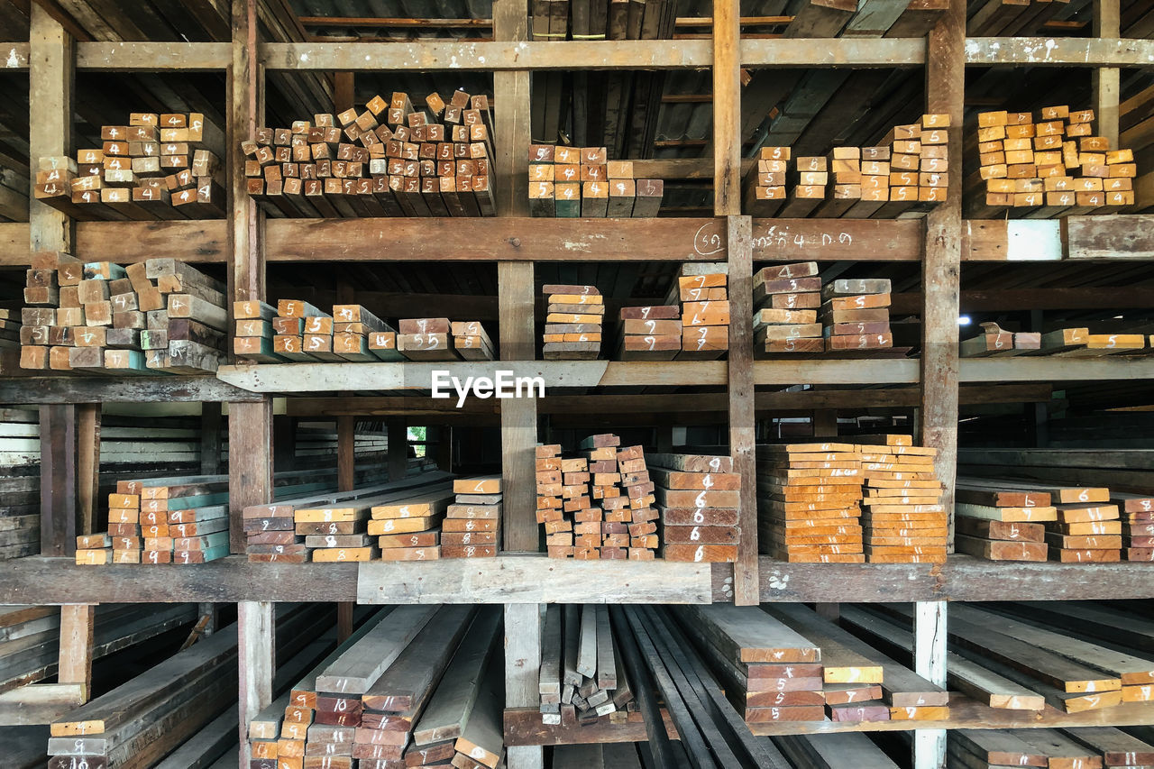 Wood timbers used as a construction material are divided into different sizes and storage separately